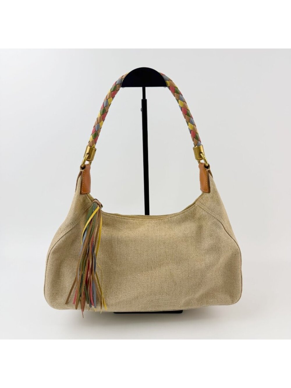 Miu Miu Y2k Multicolor Intrecciato Handle Shoulder Bag Canvas Leather Beige